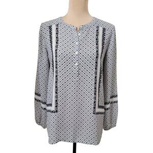 Loft Size XS White with Black Floral Round Neck Long Sleeve Pullover